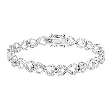 JewelExclusive Sterling Silver 1/4cttw Natural Round-Cut Diamond (J-K Color, I2-I3 Clarity) Infinity Double Heart Bracelet, 7.5