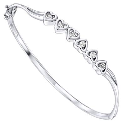 Sterling Manufacturers Women's Sterling Silver .925 Bangle Bracelet with Cubic Zirconia CZ Stones Set in Open Hearts, Platinum Plated, 7