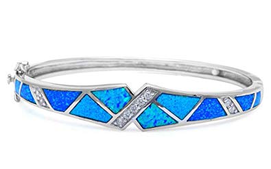 Lab Created Blue Opal & Cubic Zirconia .925 Sterling Silver Bangle Bracelet