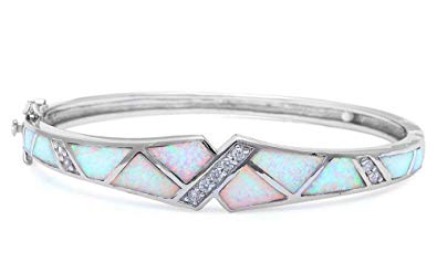 Lab Created White Opal & Cubic Zirconia .925 Sterling Silver Bangle Bracelet