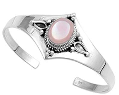 28mm LARGE Sterling Silver Round Pink Simulated Pearl Filigree Bangle Bracelet Cuff
