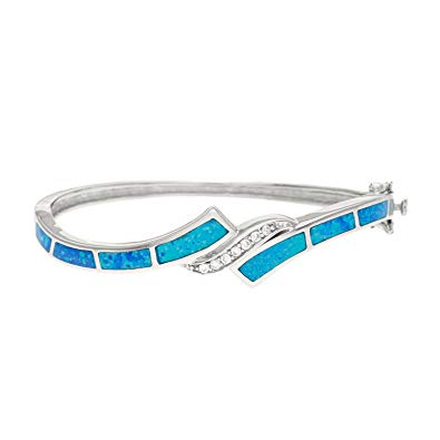 Sterling Silver Created Blue Opal & CZ Bangle