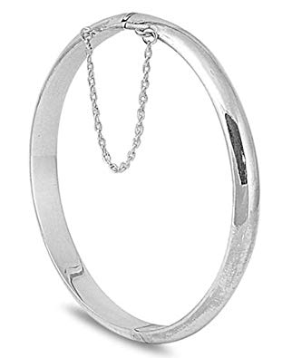 Sterling Silver High Polished Round Shape with Safety Chain Bangle Bracelet FREE Cleaning & Cloth