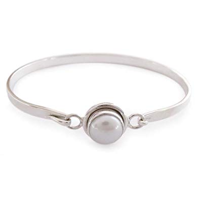 NOVICA Light Gray Cultured Freshwater Pearl .925 Sterling Silver Bangle Bracelet 'Aesthetic Moon'