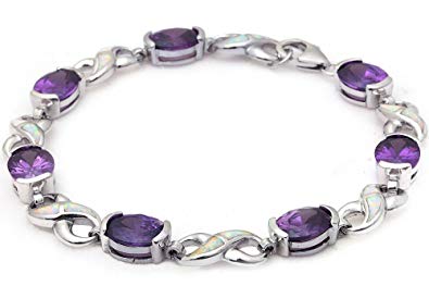 .925 Sterling Silver Oval Simulated Amethyst & Lab Created White Opal Infinity Symbol Bracelet 7.5
