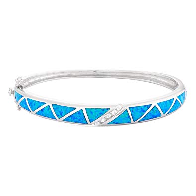 Sterling Silver Created Blue Opal & CZ Bangle