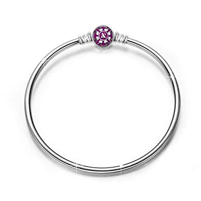 NINAQUEEN 925 Sterling Silver Bangle Bracelet with Purple Snap Clasp 7.5 Inches, Birthday Anniversary Christmas Gifts for Women Wife Bracelets for Charms Teen Girls