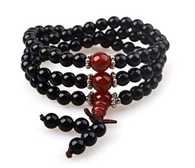 Mala Beads, Beaded Bracelet Made of Black Obsidian & Red Agate Healing Chakra Stones in Yoga