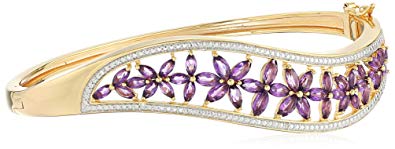 18k Yellow Gold Plated Sterling Silver Genuine African Amethyst and Diamond Accent Floral Hinged Bangle Bracelet, 7.25