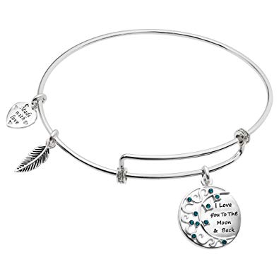 Sterling Silver ''I Love You To The Moon And Back'' Dangle Charm Adjustable Wire Bangle Bracelet