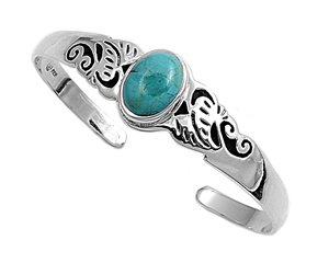 Oval Synthetic Turquoise Filigree Sterling Silver Bangle Bracelet Cuff