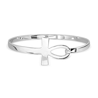 WithLoveSilver Sterling Silver Ankh Cross Key of Life Bangle Bracelet, 7