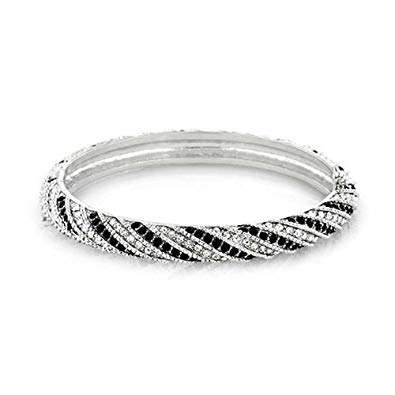 Black White Crystal Bangle Bracelet 7.5in Rhodium Plated