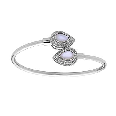 Sterling Silver Micro Pave CZ & Mother of Pearl Teardrop Ends Bangle Bracelet