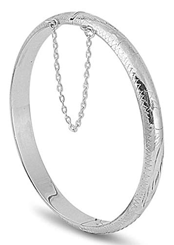 Sterling Silver High Polished Engraving Design with Safety Chain Bangle Bracelet FREE Cleaning Cloth