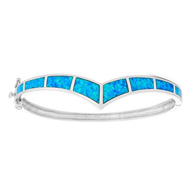Sterling Silver Created Blue Opal Curved Bar Hinged Cuff Bangle