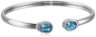 Sterling Silver, Oval Blue Topaz, and Diamond-Accent Bangle Bracelet, 6.5