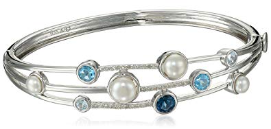 Sterling Silver Cluster Freshwater Cultured Pearl and Blue Topaz Diamond Bangle Bracelet (1/10 cttw, I-J Color, I2-I3 Clarity)