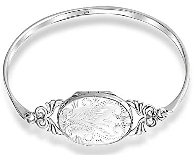 925 Silver Etched Oval Locket Bangle Vintage Style Bracelet