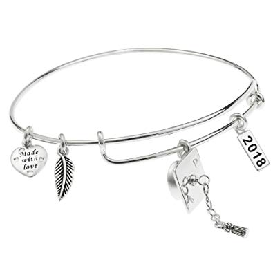 Sterling Silver Graduation Cap Feather Dangle Charm Made With Love Heart Adjustable Bangle Bracelet