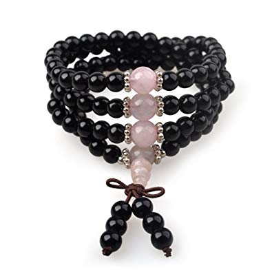 Mala Beads / Beaded Bracelet of Black Obsidian and Rose Quartz, for Meditation, Yoga & Chakra Healing