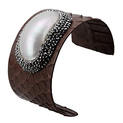 Jeka Genuine Leather Bangle Cuff Bracelet Fashion Jewelry for Women Diamond Charm Punk Wrap Adjustable Brown/Black